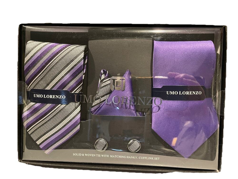 Umo Lorenzo Solid Woven Tie Set W/ Matching Hanky, Cuff Link Set - Purple